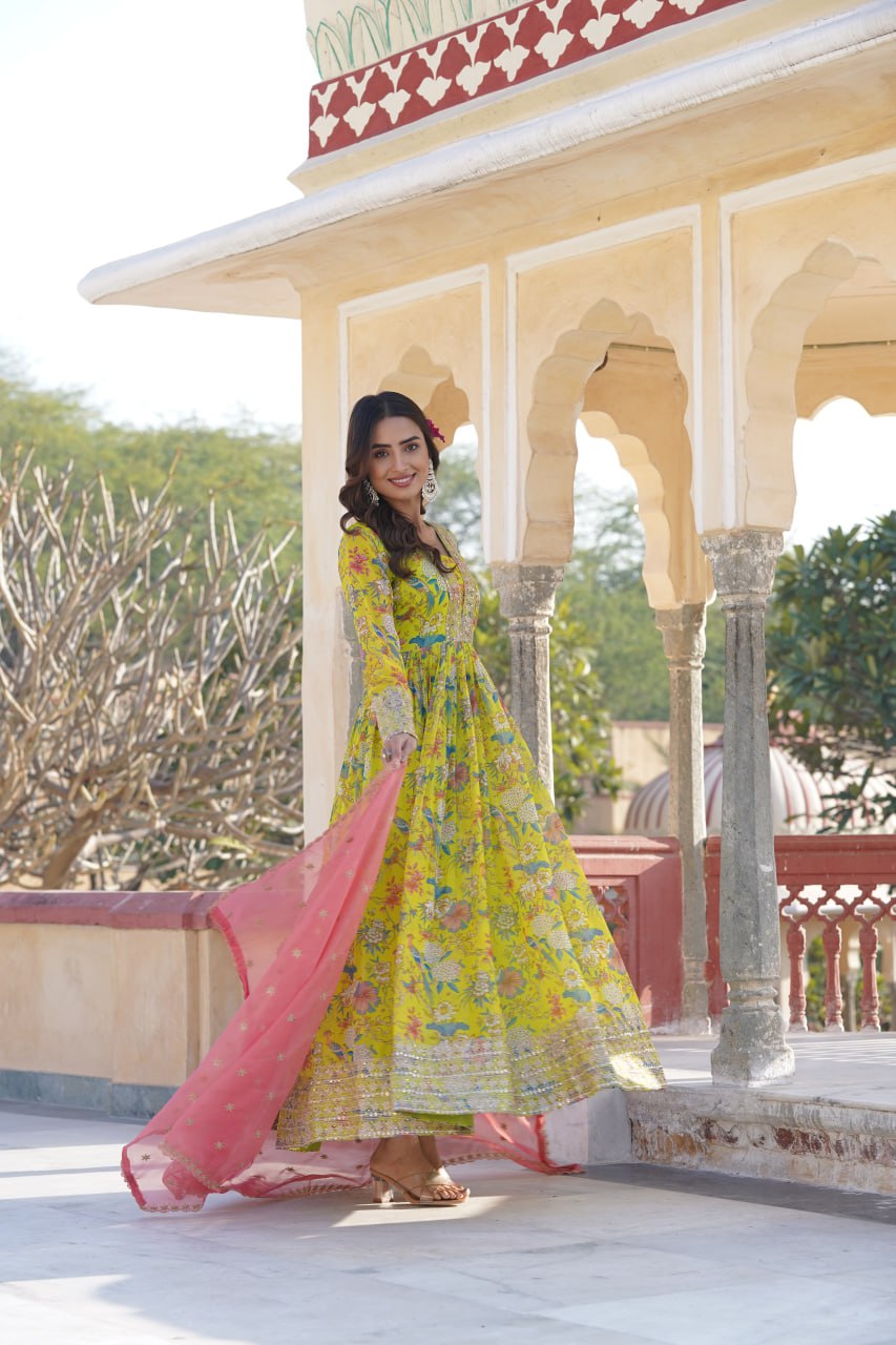 Luxe Elegance Parrot Green Embroidered Digital Print Gown & Dupatta Set ClothsVilla