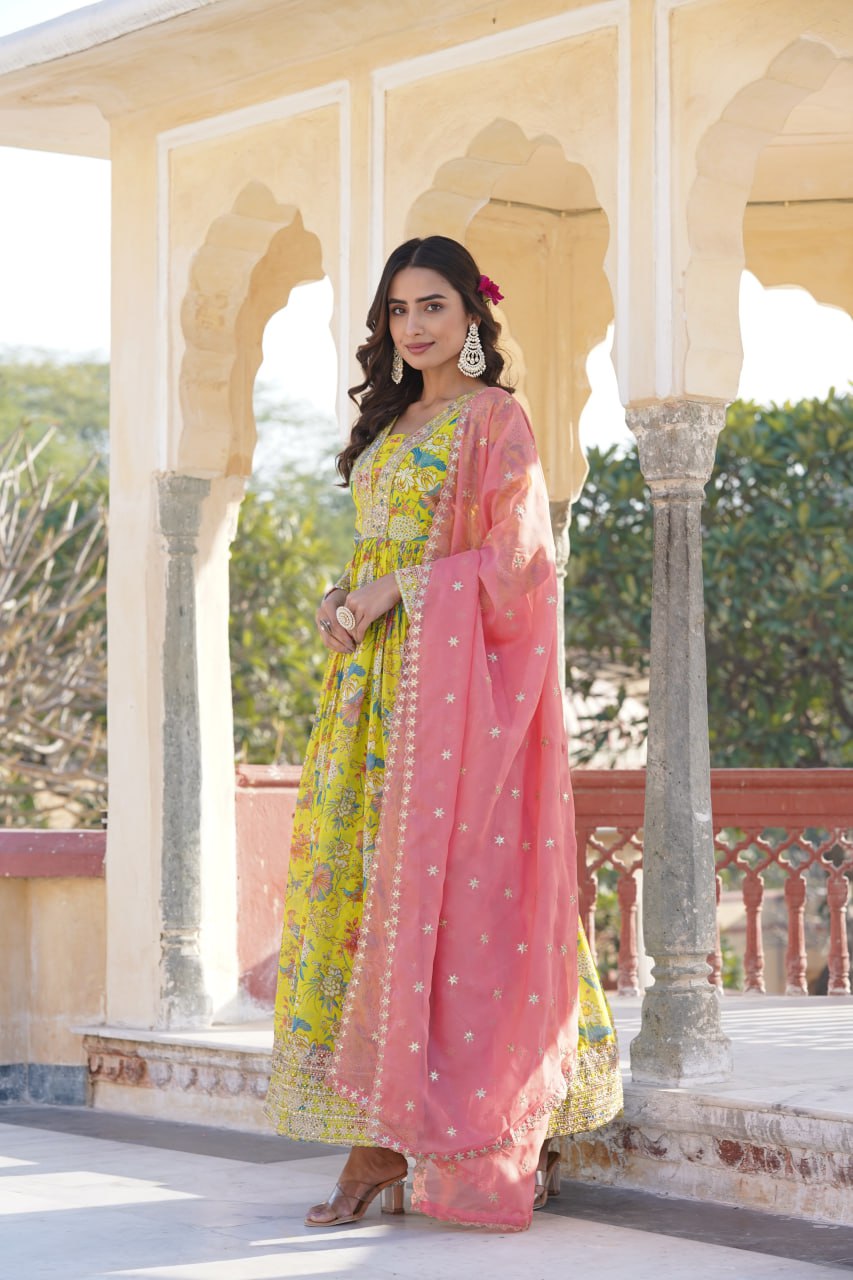 Luxe Elegance Parrot Green Embroidered Digital Print Gown & Dupatta Set ClothsVilla