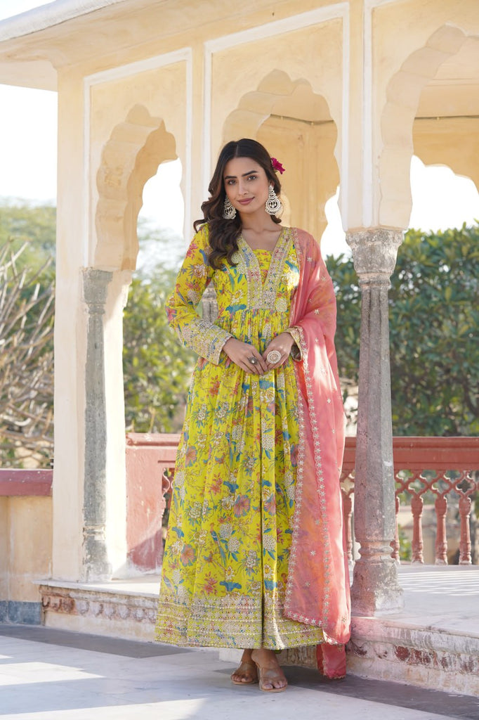 Luxe Elegance Parrot Green Embroidered Digital Print Gown & Dupatta Set ClothsVilla