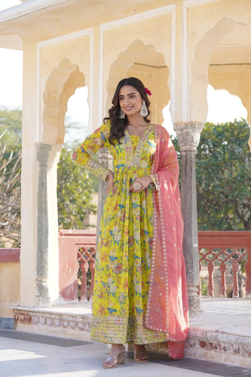 Luxe Elegance Parrot Green Embroidered Digital Print Gown & Dupatta Set ClothsVilla