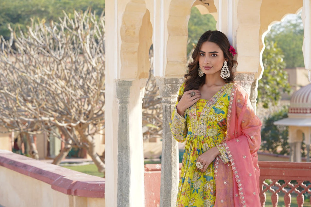 Luxe Elegance Parrot Green Embroidered Digital Print Gown & Dupatta Set ClothsVilla