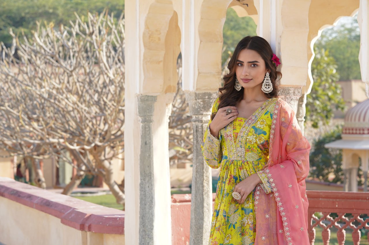 Luxe Elegance Parrot Green Embroidered Digital Print Gown & Dupatta Set ClothsVilla