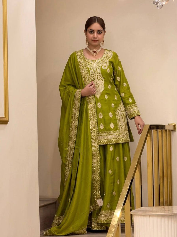Parrot Green Embroidered Palazzo Suit ClothsVilla