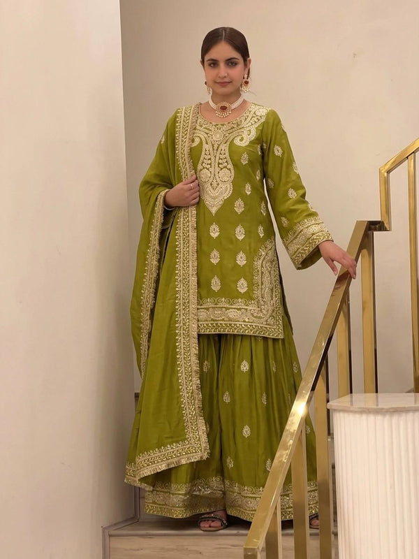 Parrot Green Embroidered Palazzo Suit ClothsVilla