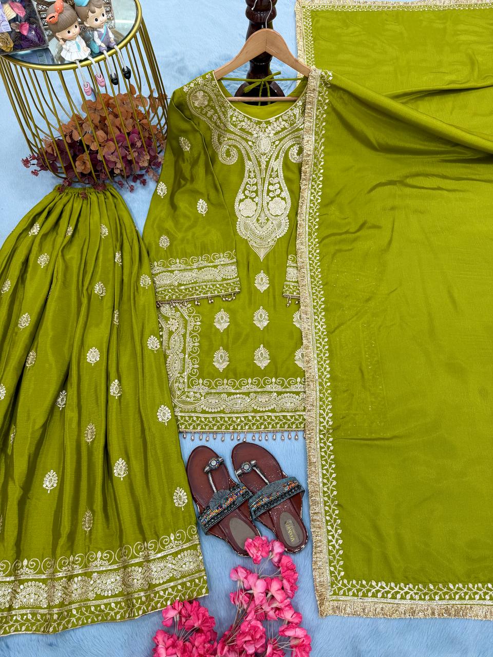 Parrot Green Embroidered Palazzo Suit ClothsVilla