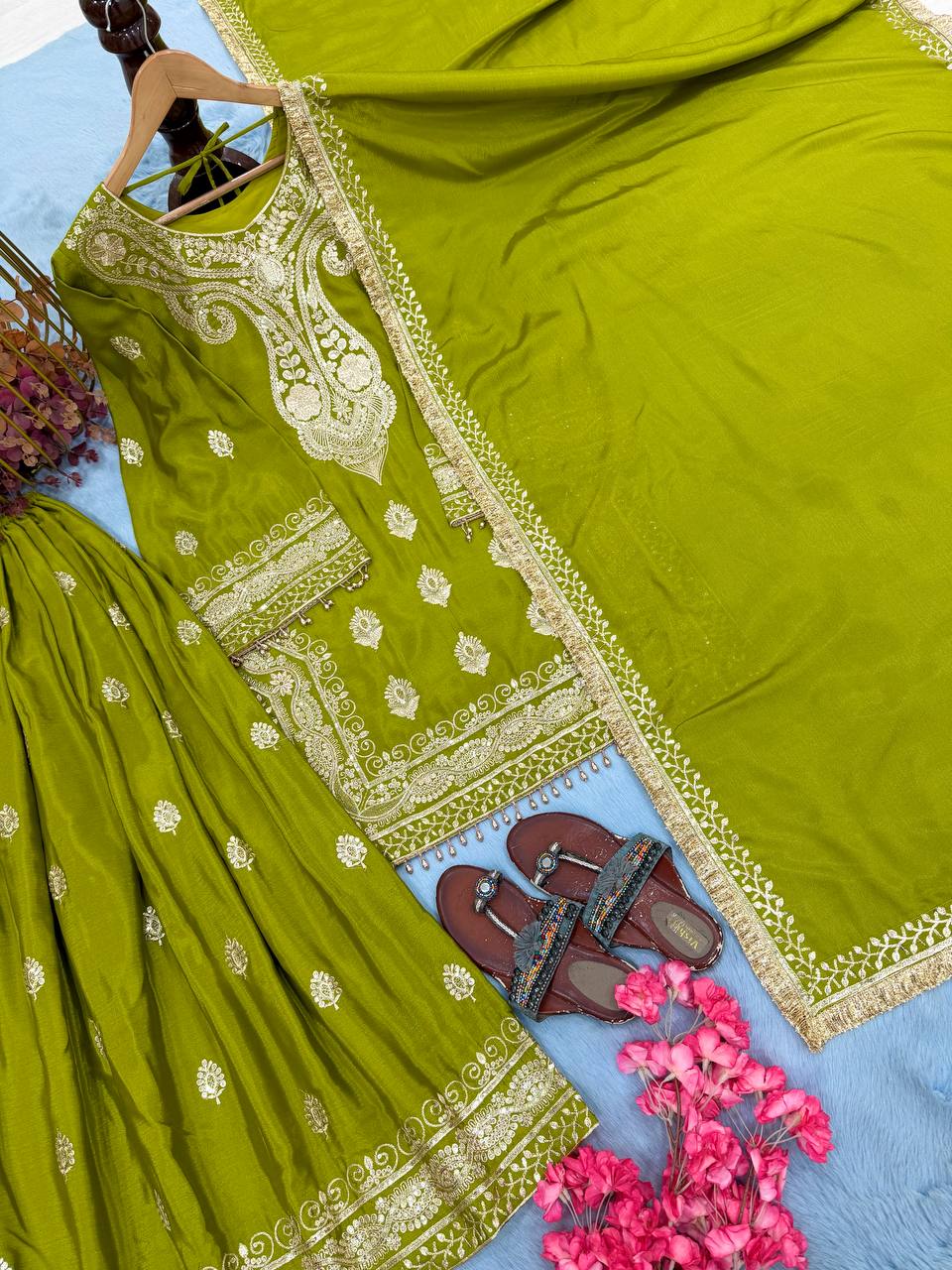 Parrot Green Embroidered Palazzo Suit ClothsVilla