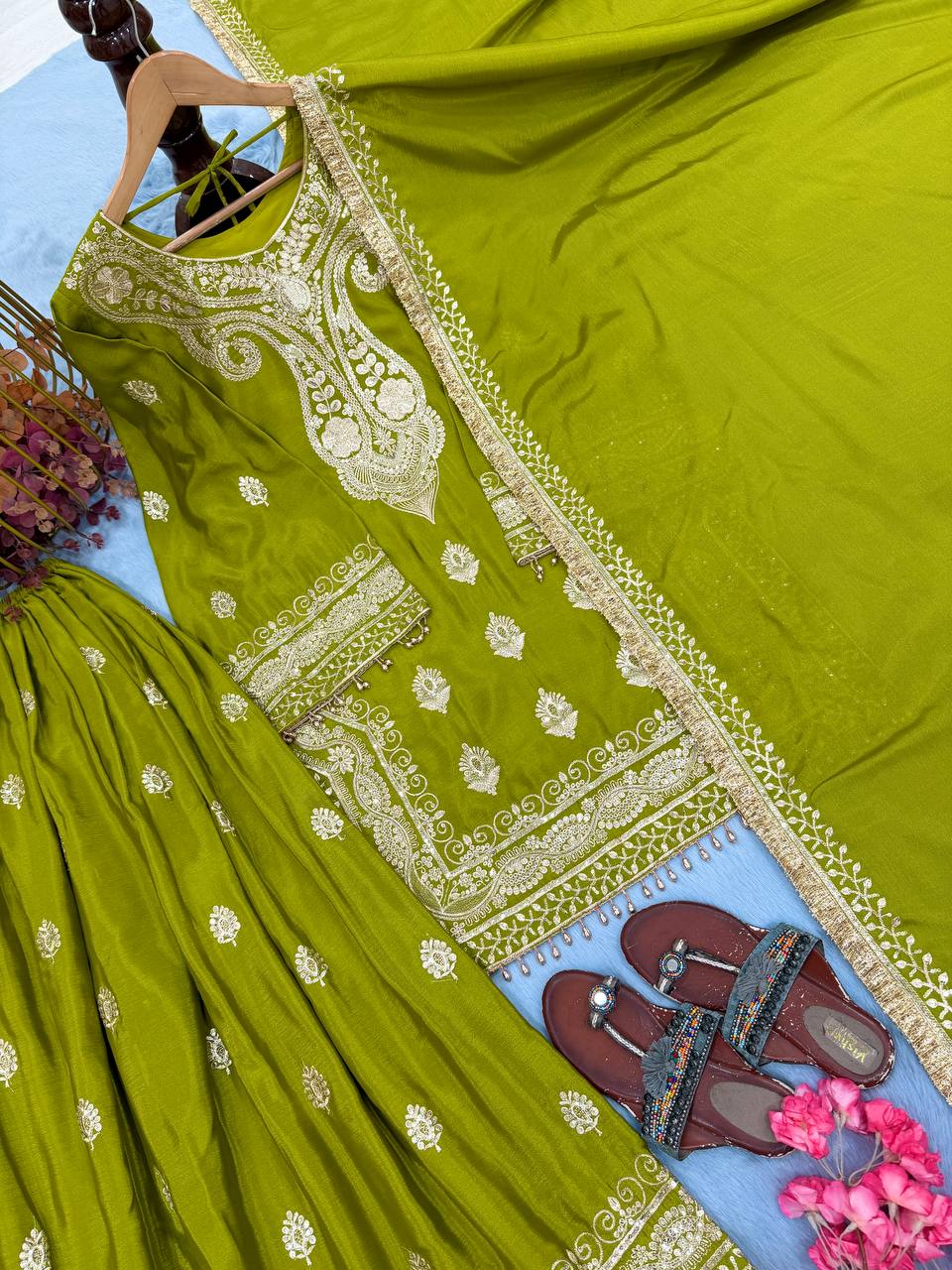 Parrot Green Embroidered Palazzo Suit ClothsVilla