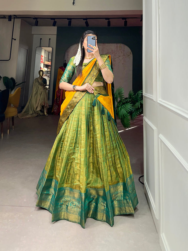 Parrot Green Exquisite Kanjivaram Silk Lehenga Choli with Zari Weaving ClothsVilla