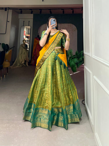 Parrot Green Exquisite Kanjivaram Silk Lehenga Choli with Zari Weaving ClothsVilla