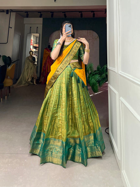 Parrot Green Pure Cotton Navratri Lehenga Choli With Gamthi & Foil Mirror  Work