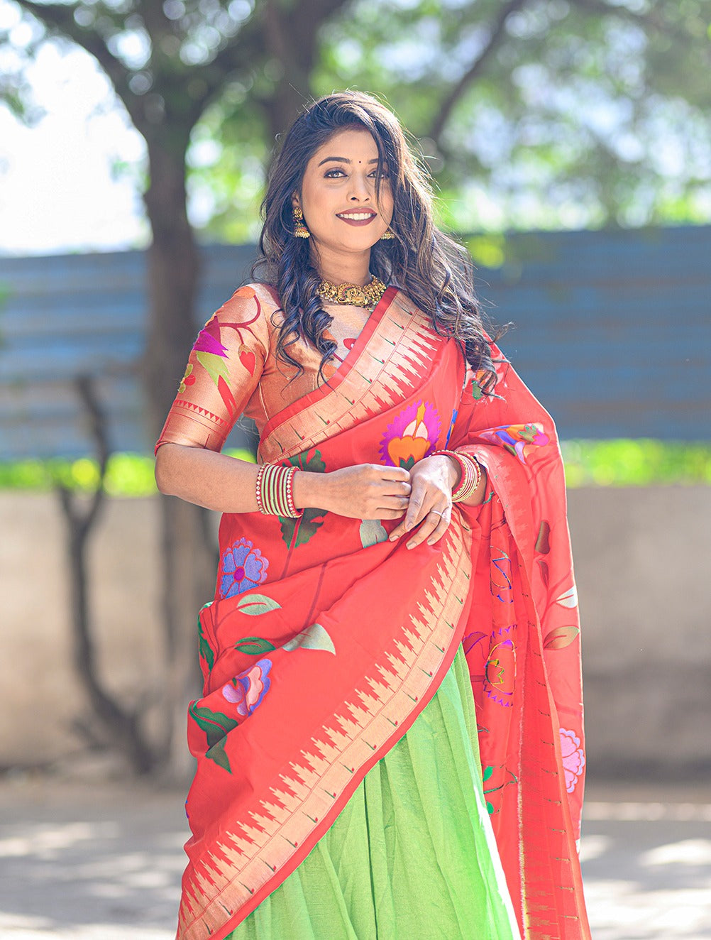 Parrot Green Exquisite Vichitra Silk Lehenga Choli Set with Dazzling Paithani Embroidery & Zari Weaving ClothsVilla