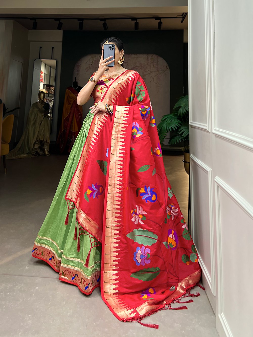 Parrot Green Exquisite Vichitra Silk Lehenga Choli Set with Dazzling Paithani Embroidery & Zari Weaving ClothsVilla