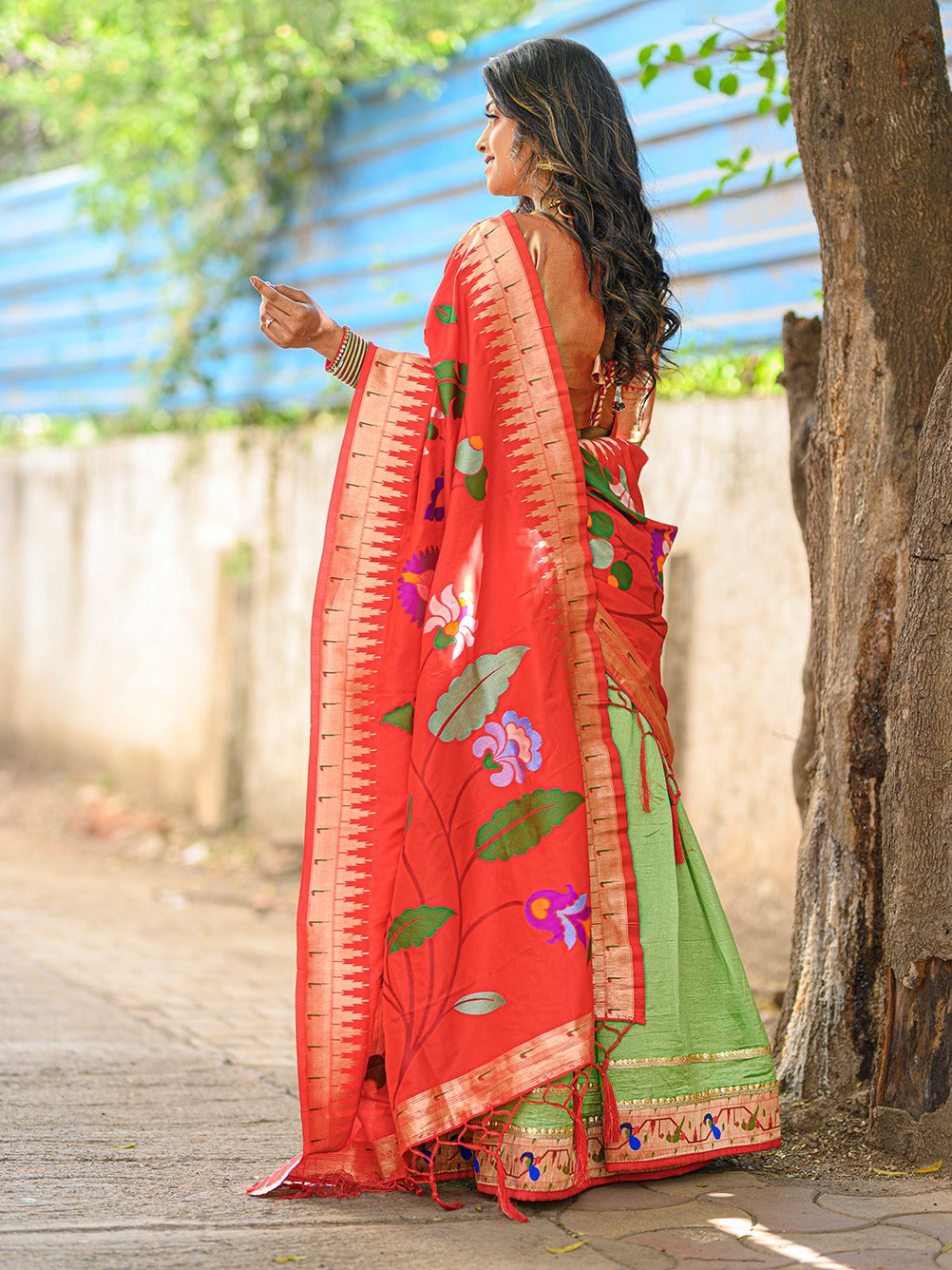 Parrot Green Exquisite Vichitra Silk Lehenga Choli Set with Dazzling Paithani Embroidery & Zari Weaving ClothsVilla