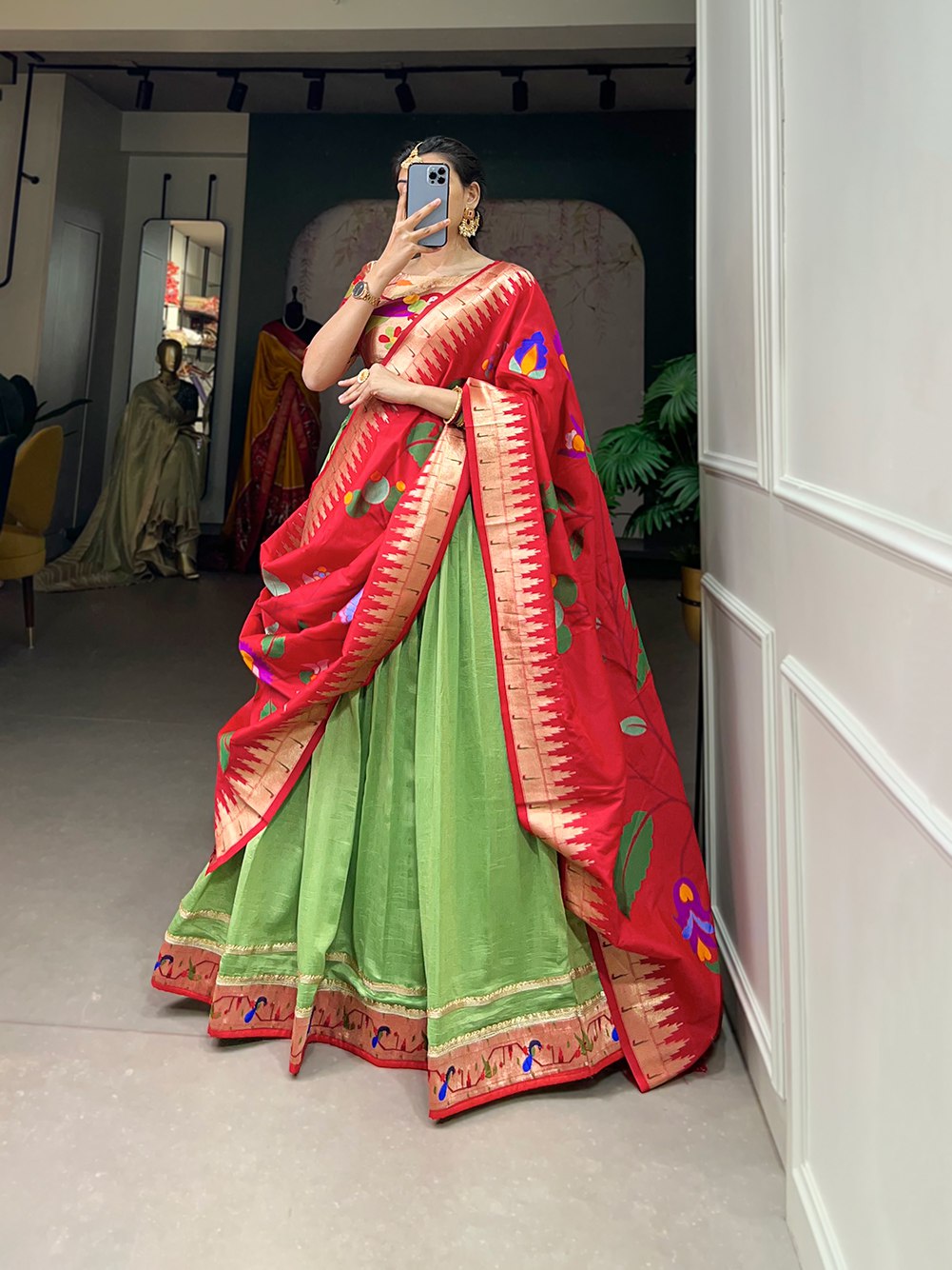 Parrot Green Exquisite Vichitra Silk Lehenga Choli Set with Dazzling Paithani Embroidery & Zari Weaving ClothsVilla