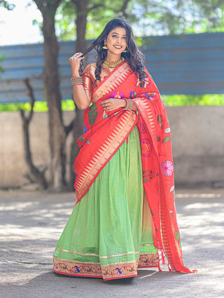 Parrot Green Exquisite Vichitra Silk Lehenga Choli Set with Dazzling Paithani Embroidery & Zari Weaving ClothsVilla