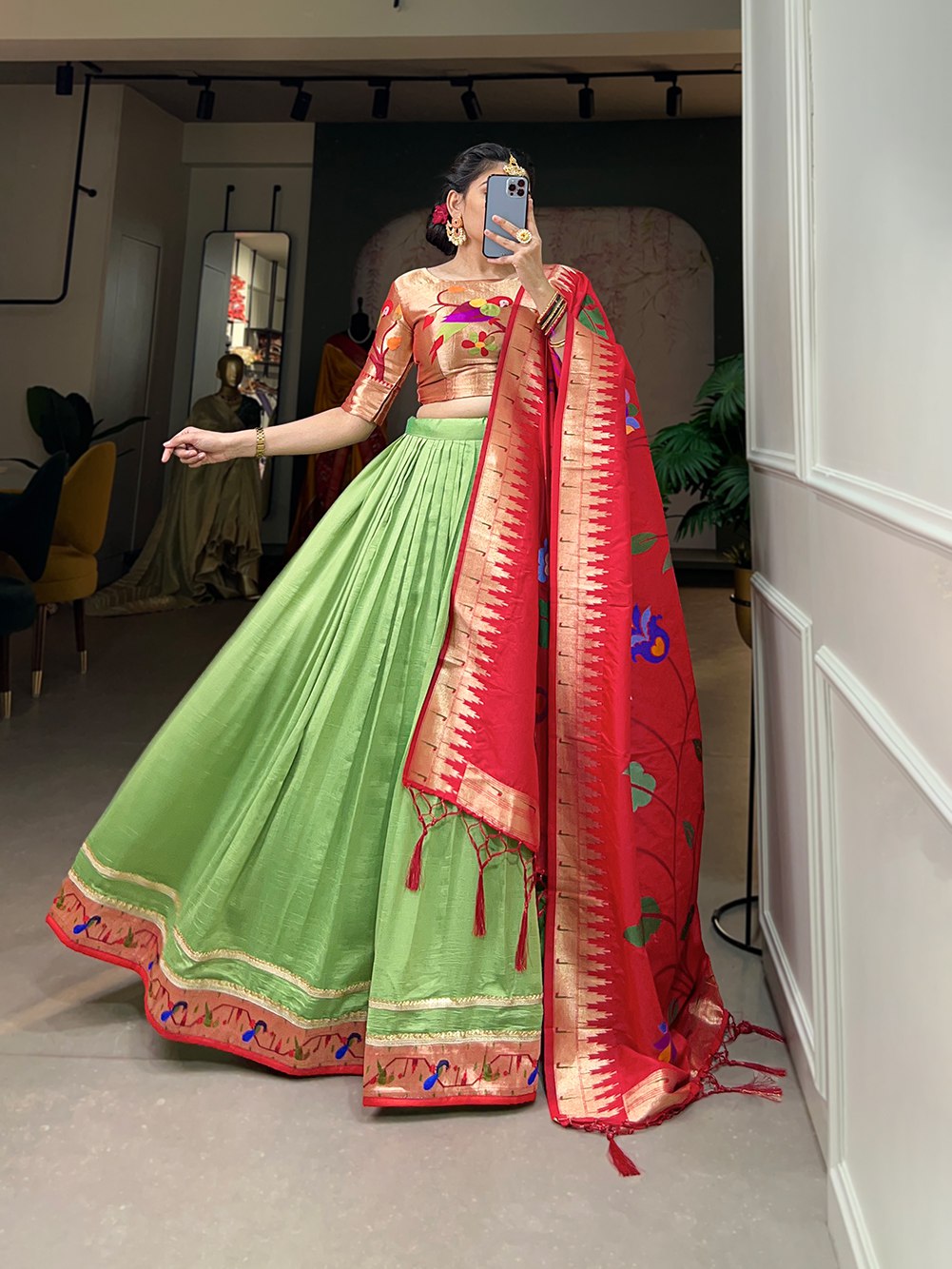 Parrot Green Exquisite Vichitra Silk Lehenga Choli Set with Dazzling Paithani Embroidery & Zari Weaving ClothsVilla