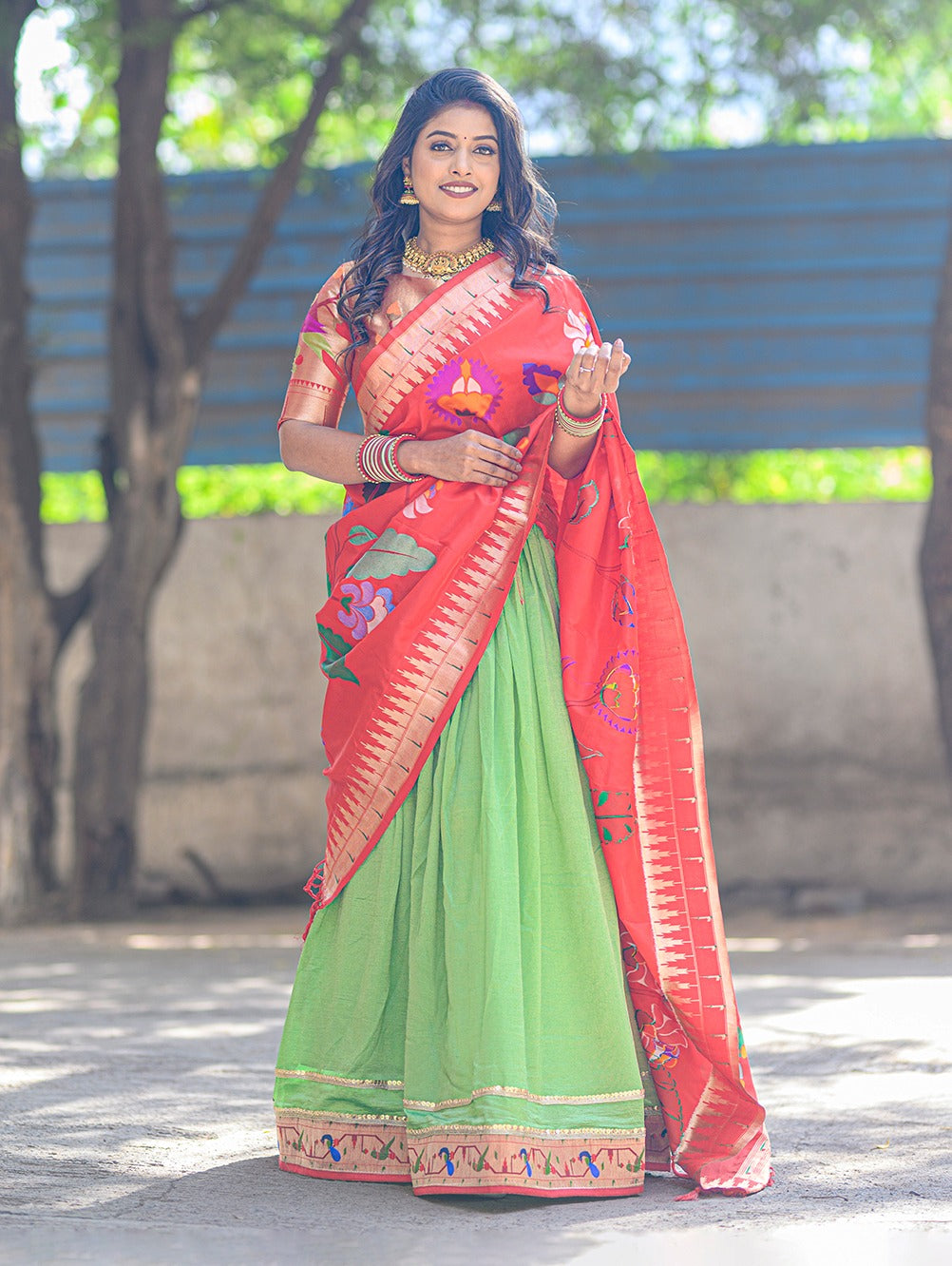 Parrot Green Exquisite Vichitra Silk Lehenga Choli Set with Dazzling Paithani Embroidery & Zari Weaving ClothsVilla