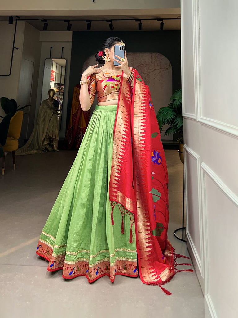 Parrot Green Exquisite Vichitra Silk Lehenga Choli Set with Dazzling Paithani Embroidery & Zari Weaving ClothsVilla