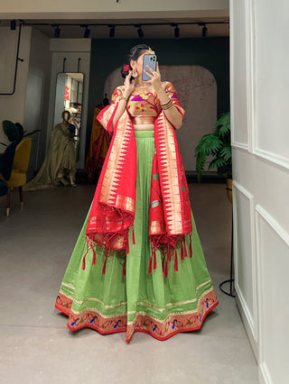 Parrot Green Exquisite Vichitra Silk Lehenga Choli Set with Dazzling Paithani Embroidery & Zari Weaving ClothsVilla