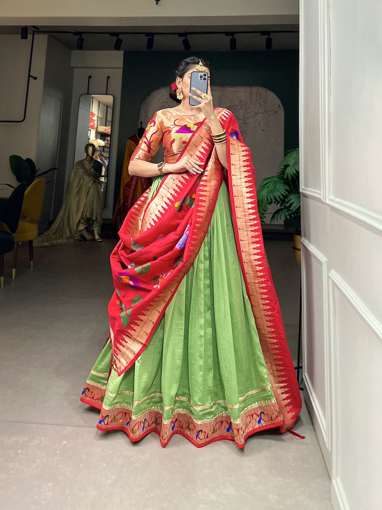 Parrot Green Exquisite Vichitra Silk Lehenga Choli Set with Dazzling Paithani Embroidery & Zari Weaving ClothsVilla