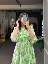 Load image into Gallery viewer, Parrot Green Floral Georgette Frock in Modern Ethnic Style ClothsVilla