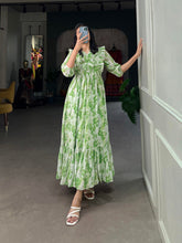 Load image into Gallery viewer, Parrot Green Floral Georgette Frock in Modern Ethnic Style ClothsVilla