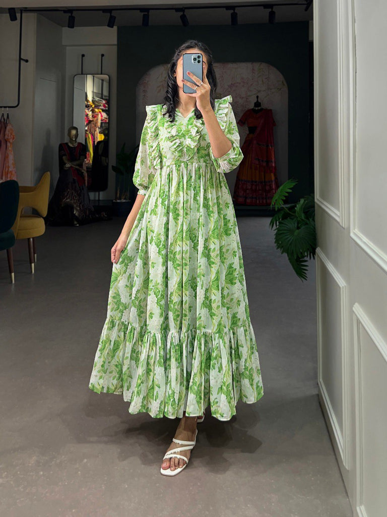 Parrot Green Floral Georgette Frock in Modern Ethnic Style ClothsVilla