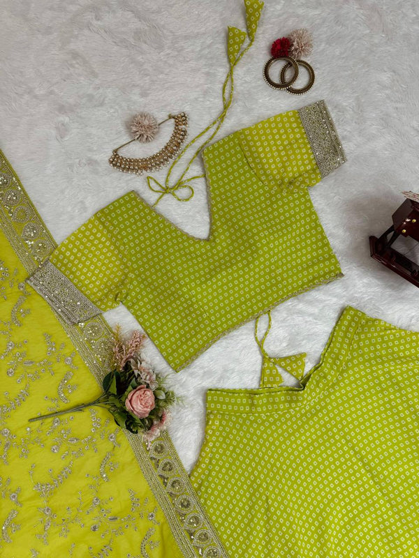 Parrot Green Glam Luxe Semi-Stitched Lehenga Choli Set – Faux Georgette with Sequins & Digital Print ClothsVilla