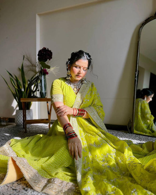 Parrot Green Glam Luxe Semi-Stitched Lehenga Choli Set – Faux Georgette with Sequins & Digital Print ClothsVilla