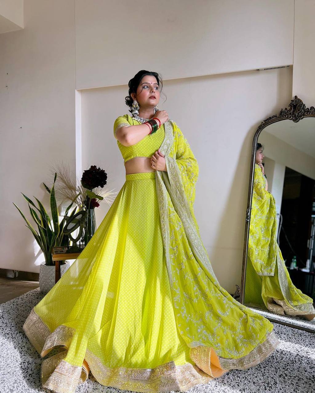 Parrot Green Glam Luxe Semi-Stitched Lehenga Choli Set – Faux Georgette with Sequins & Digital Print ClothsVilla