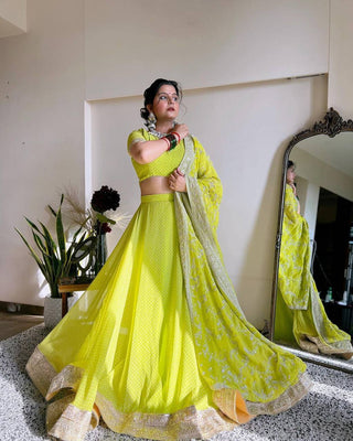 Parrot Green Glam Luxe Semi-Stitched Lehenga Choli Set – Faux Georgette with Sequins & Digital Print ClothsVilla