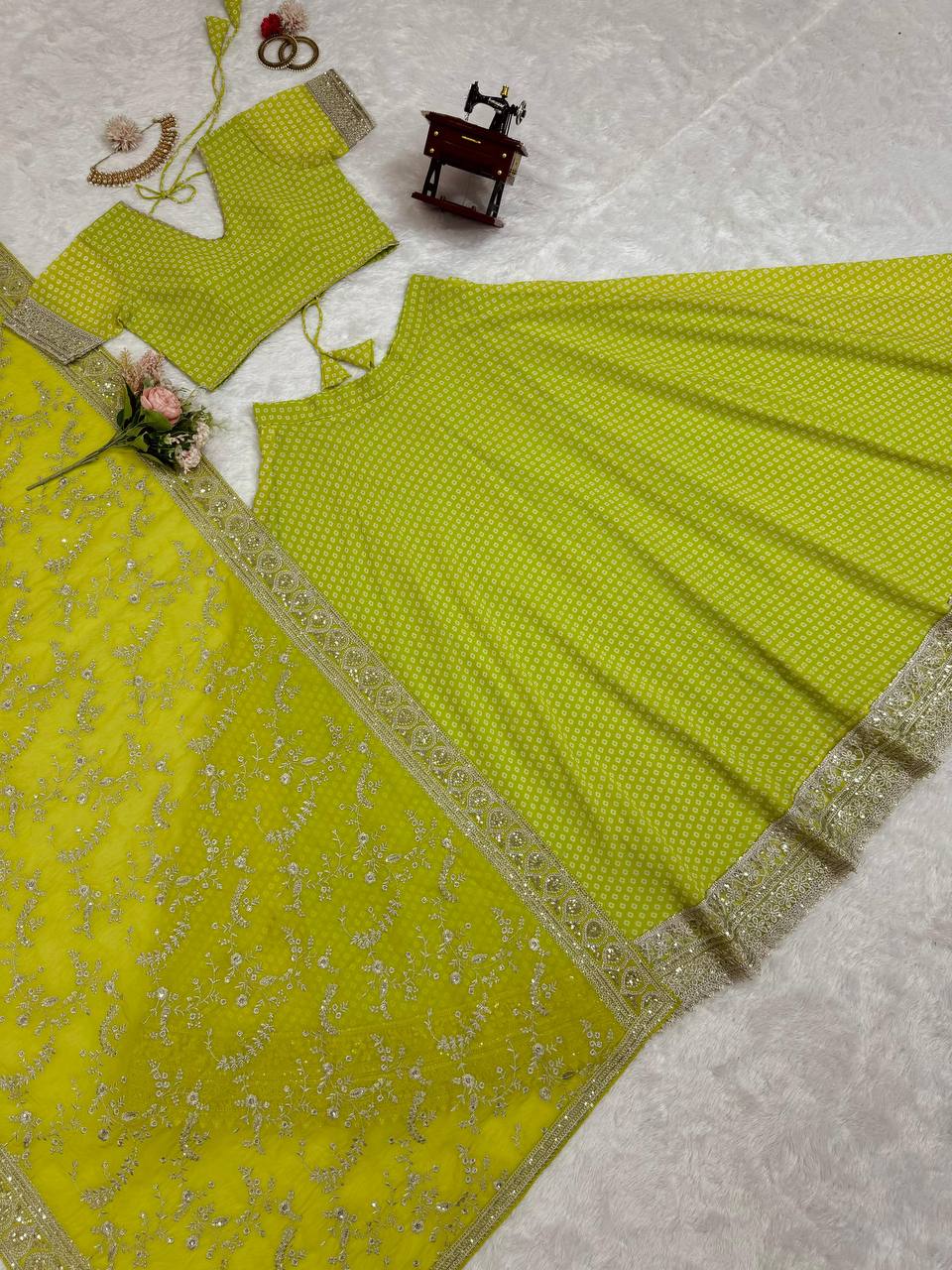 Parrot Green Glam Luxe Semi-Stitched Lehenga Choli Set – Faux Georgette with Sequins & Digital Print ClothsVilla