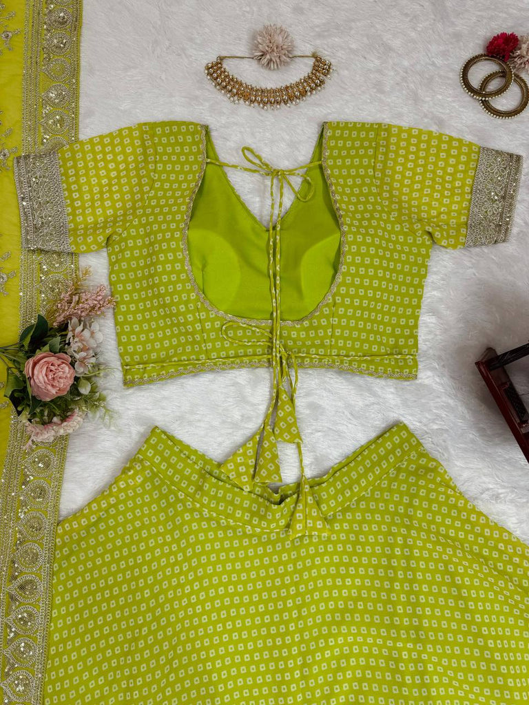 Parrot Green Glam Luxe Semi-Stitched Lehenga Choli Set – Faux Georgette with Sequins & Digital Print ClothsVilla