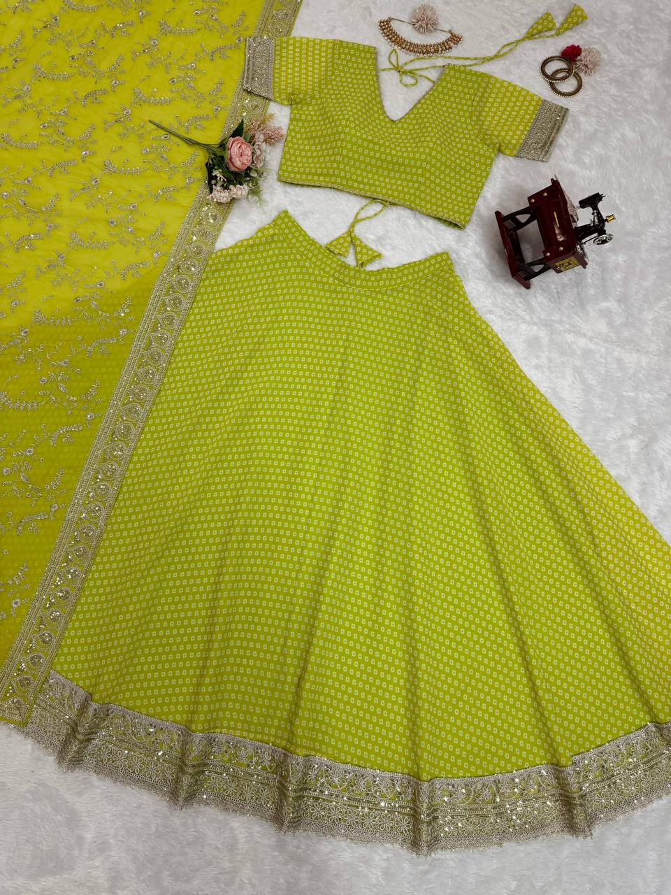 Parrot Green Glam Luxe Semi-Stitched Lehenga Choli Set – Faux Georgette with Sequins & Digital Print ClothsVilla