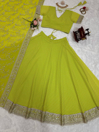 Parrot Green Glam Luxe Semi-Stitched Lehenga Choli Set – Faux Georgette with Sequins & Digital Print ClothsVilla