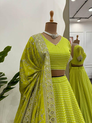 Parrot Green Glam Luxe Semi-Stitched Lehenga Choli Set – Faux Georgette with Sequins & Digital Print ClothsVilla