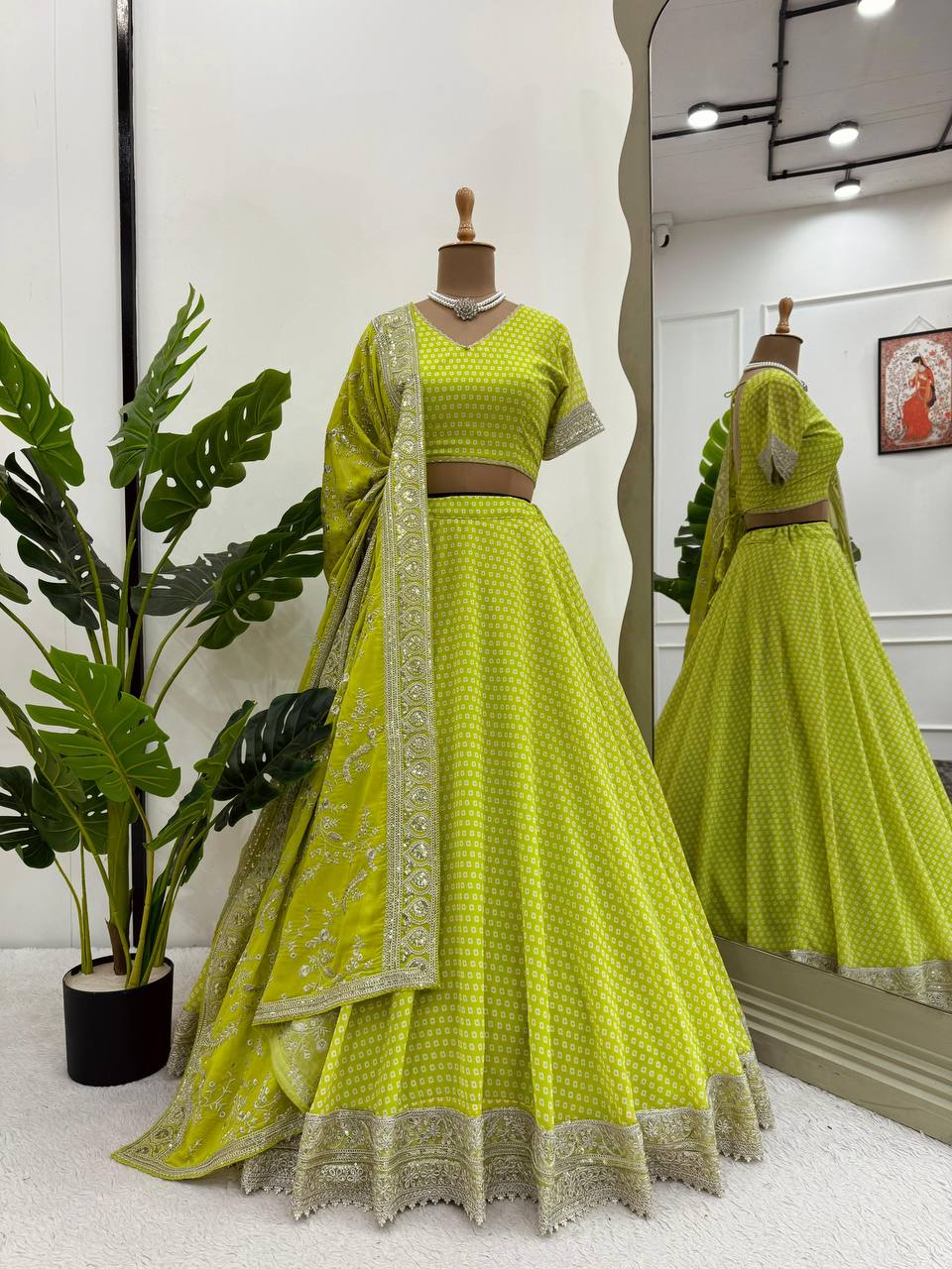 Parrot Green Glam Luxe Semi-Stitched Lehenga Choli Set – Faux Georgette with Sequins & Digital Print ClothsVilla