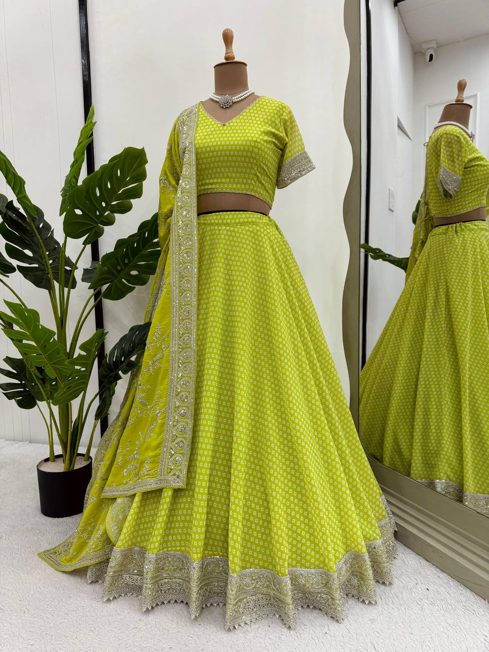 Parrot Green Glam Luxe Semi-Stitched Lehenga Choli Set – Faux Georgette with Sequins & Digital Print ClothsVilla