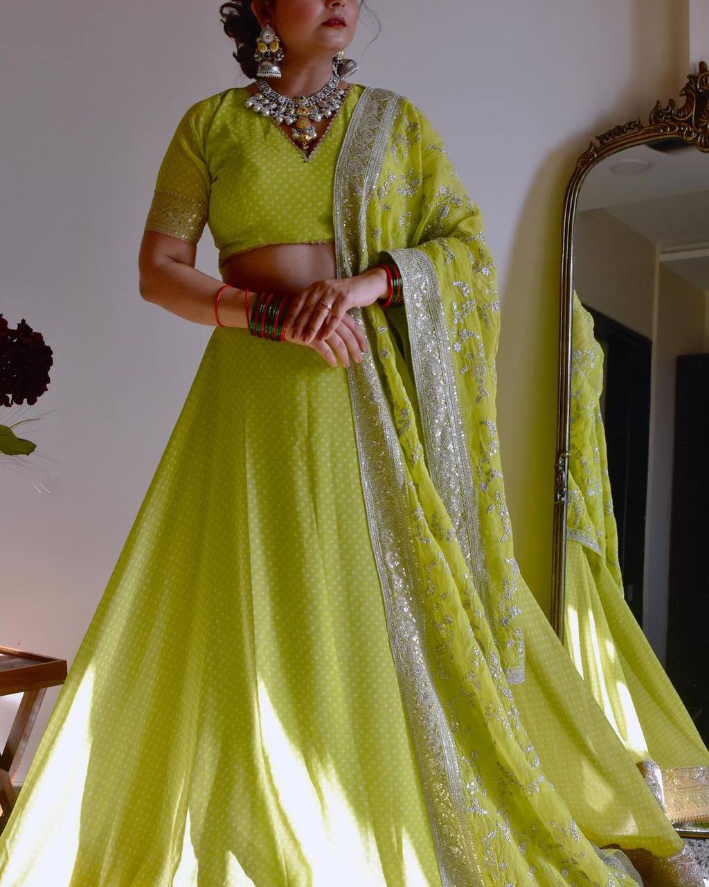 Parrot Green Glam Luxe Semi-Stitched Lehenga Choli Set – Faux Georgette with Sequins & Digital Print ClothsVilla
