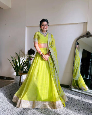 Parrot Green Glam Luxe Semi-Stitched Lehenga Choli Set – Faux Georgette with Sequins & Digital Print ClothsVilla