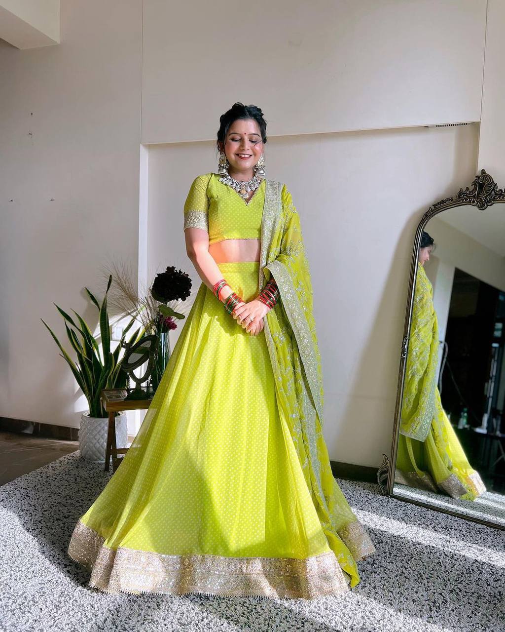 Parrot Green Glam Luxe Semi-Stitched Lehenga Choli Set – Faux Georgette with Sequins & Digital Print ClothsVilla