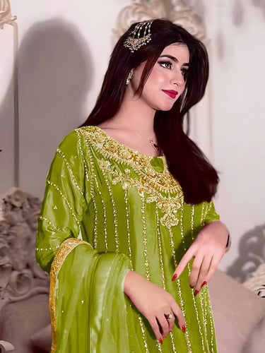 Parrot Green Heavy Chinon Silk Embroidered Suit Set with Rivet Moti & Sequin Work ClothsVilla
