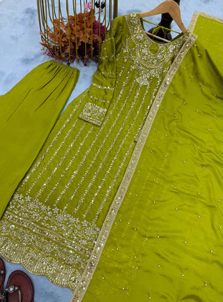 Parrot Green Heavy Chinon Silk Embroidered Suit Set with Rivet Moti & Sequin Work ClothsVilla