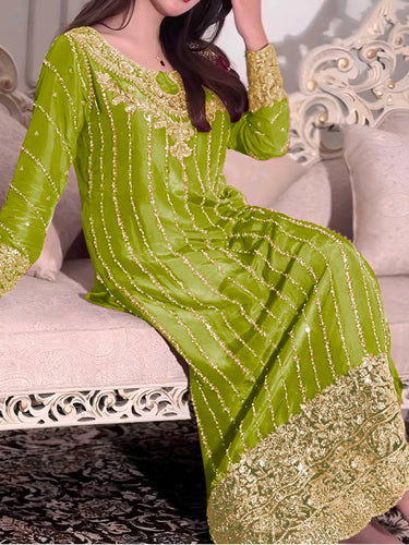 Parrot Green Heavy Chinon Silk Embroidered Suit Set with Rivet Moti & Sequin Work ClothsVilla