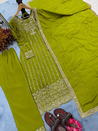 Parrot Green Heavy Chinon Silk Embroidered Suit Set with Rivet Moti & Sequin Work ClothsVilla