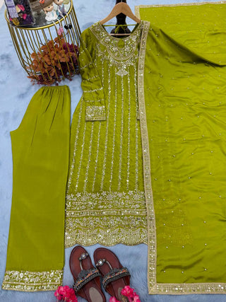 Parrot Green Heavy Chinon Silk Embroidered Suit Set with Rivet Moti & Sequin Work ClothsVilla