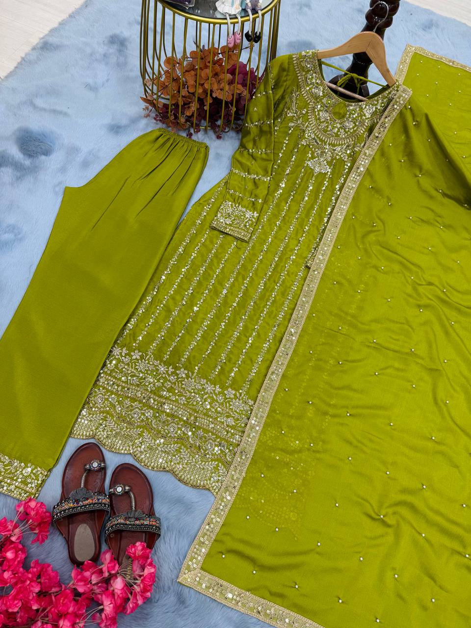 Parrot Green Heavy Chinon Silk Embroidered Suit Set with Rivet Moti & Sequin Work ClothsVilla