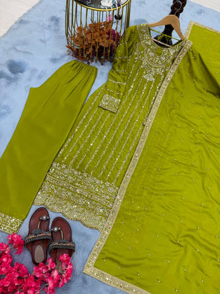 Parrot Green Heavy Chinon Silk Embroidered Suit Set with Rivet Moti & Sequin Work ClothsVilla