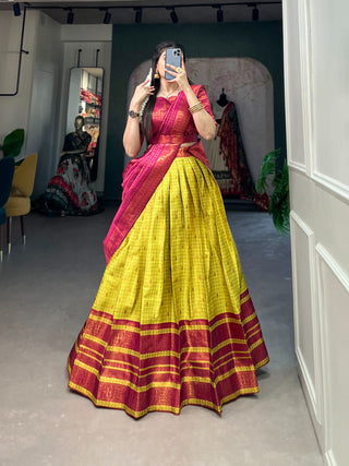 Parrot Green Jacquard Silk Lehenga Choli with Zari Weaving Work ClothsVilla