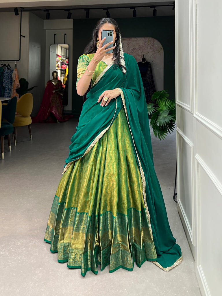 Parrot Green Kanjivaram Lehenga Choli with Graceful Georgette Dupatta ClothsVilla